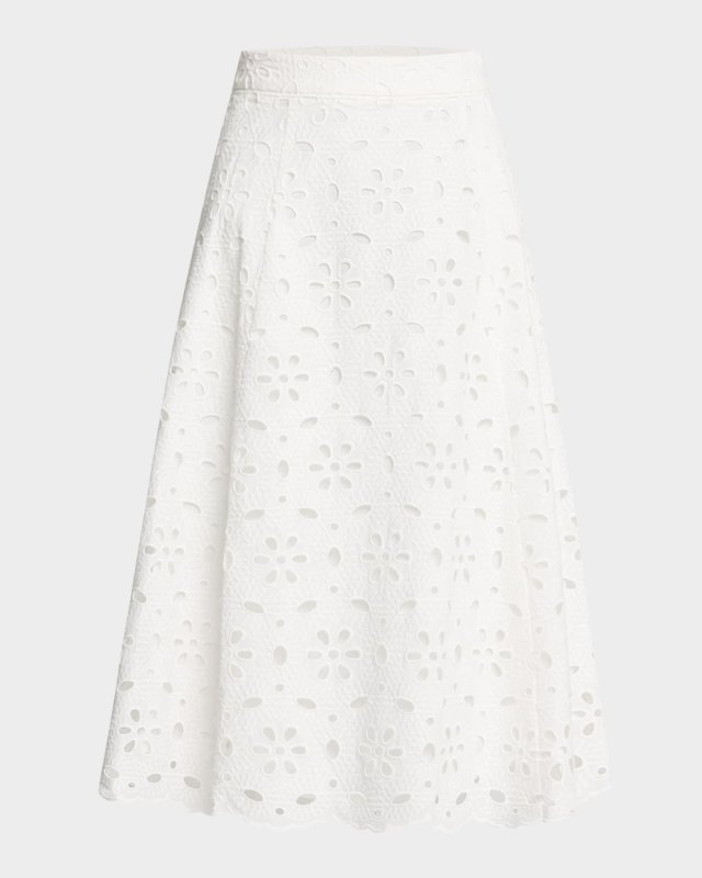 Noella Eyelet Floral-Embroidered Midi Skirt